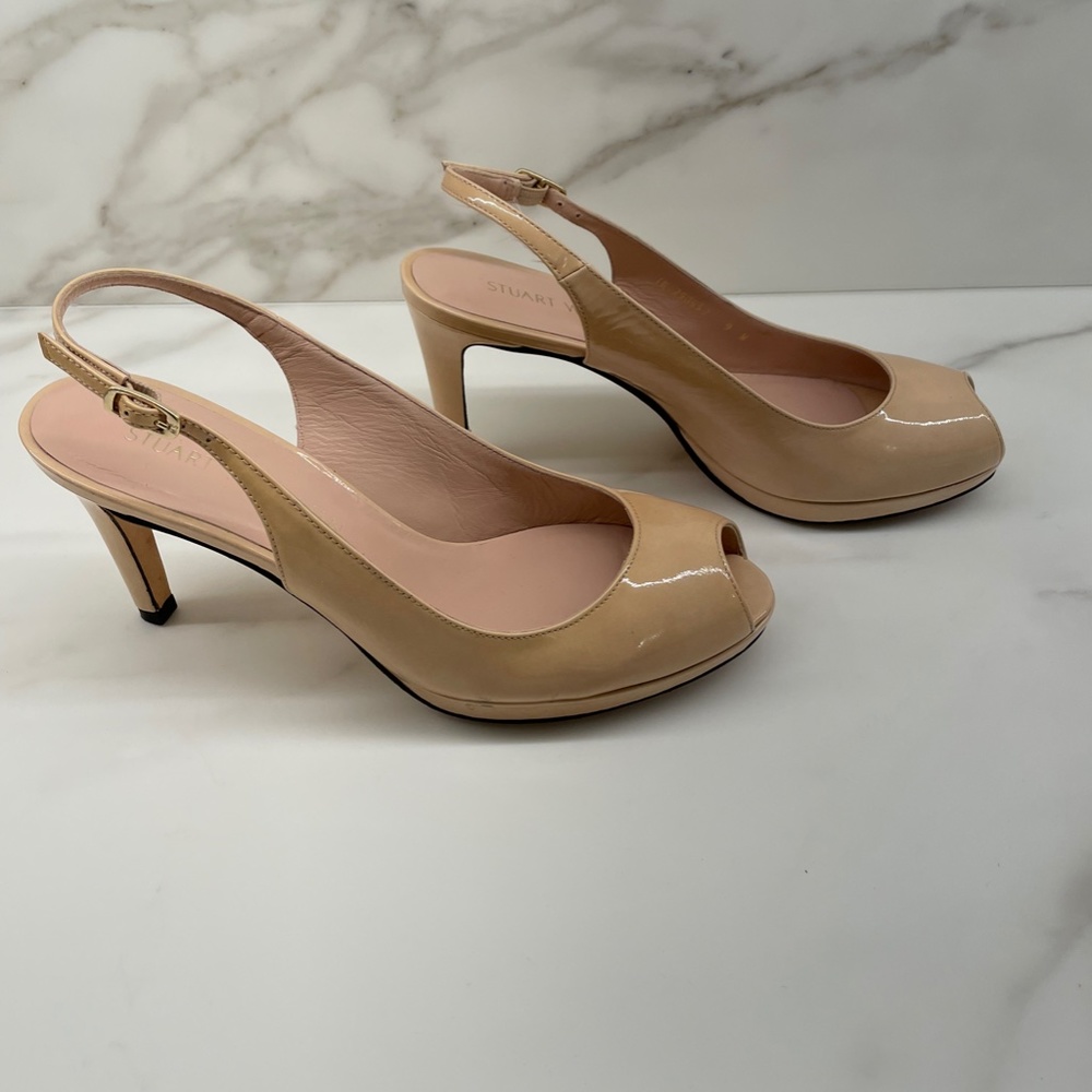 STUART WEITZMAN PATENT LEATHER NUDE PEEP TOE SLINGBACK SANDALS - Size 9